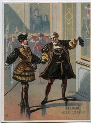 Ilustracja do „”Ernani” włoskiego kompozytora Giuseppe Verdiego (1813-1901), akt 3, scena VI opera stworzona w 1844 roku po tragedii „Hernani” Victora Hugo. Chromolitografia z końca XIX wieku.