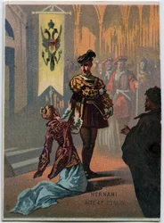 Ilustracja do „”Ernaniego” włoskiego kompozytora Giuseppe Verdiego (1813-1901), akt 4, scena IV opera powstała w 1844 roku po tragedii „”Hernani”” Victora Hugo. Chromolitografia z końca XIX wieku.