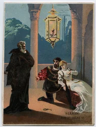 Ilustracja „”Ernani” włoskiego kompozytora Giuseppe Verdiego (1813-1901), akt 5, scena VI opera stworzona w 1844 roku po tragedii „Hernani” Victora Hugo. Chromolitografia z końca XIX wieku.