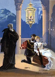 Ilustracja do „Ernani” włoskiego kompozytora Giuseppe Verdiego (1813 - 1901), akt V, scena 6, opera powstała w 1844 roku po tragedii Victora Hugo „Hernani”. chromolitografia z końca XIX wieku..