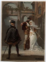 Ilustracja do „Ernani” włoskiego kompozytora Giuseppe Verdiego (1813 - 1901), opera powstała w 1844 roku po tragedii Victora Hugo „Hernani”. Chromolitografia z końca XIX wieku.