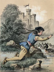Ilustracja do baśni Franza Hoffmanna „” Tales et Fables - Les 3 princes””: Książę otrzymujący klucz od kaczki. Chromolitografia XIX wieku.