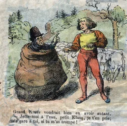 Ilustracja z końca XIX wieku do bajki Hansa Christiana Andersena (1805-1875) „Wielki Mikołaj i Mikołaj” (Klaus).Zbiory prywatne.