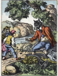 Ilustracja do bajki „Dobra mama owca”. W „Opowieściach z domu dla najmłodszych””. Anonimowy rycina z XIX wieku.