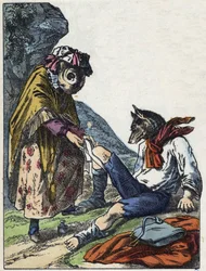 Ilustracja do bajki „Dobra mama owca”. W „Opowieściach z domu dla najmłodszych””. Anonimowy rycina z XIX wieku.