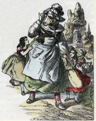 Ilustracja do bajki „Dobra mama owca”. W „Opowieściach z domu dla najmłodszych””. Anonimowy rycina z XIX wieku.