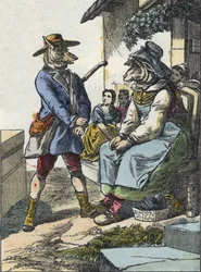 Ilustracja do bajki „Dobra mama owca”. W „Opowieściach z domu dla najmłodszych””. Anonimowy rycina z XIX wieku.