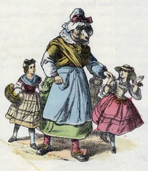 Ilustracja do bajki „Dobra mama owca”. W „Opowieściach z domu dla najmłodszych””. Anonimowy rycina z XIX wieku.