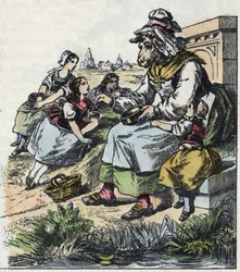Ilustracja do bajki „Dobra mama owca”. W „Opowieściach z domu dla najmłodszych””. Anonimowy rycina z XIX wieku.
