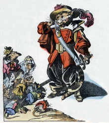 Ilustracja do bajki „Straszny Raminagrobis i myszy”””””””””””””””””””””””””””””””””””””””””””””””””””. W „Opowieściach z domu dla najmłodszych””. Anonimowy rycina z XIX wieku.