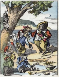 Ilustracja do bajki „Straszny Raminagrobis i myszy”””””””””””””””””””””””””””””””””””””””””””””””””””. W „Opowieściach z domu dla najmłodszych””. Anonimowy rycina z XIX wieku.