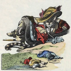 Ilustracja do bajki „Straszny Raminagrobis i myszy”””””””””””””””””””””””””””””””””””””””””””””””””””. W „Opowieściach z domu dla najmłodszych””. Anonimowy rycina z XIX wieku.