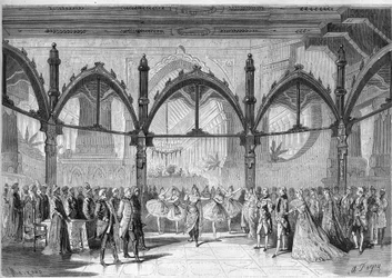 Cesarski Teatr Opery Komicznej: Scena IV, Akt II opery „Pierwszy dzień szczęścia” Daniela Francois Esprit Aubera (1782-1871). Grawerowanie w „”Wspaniałym wszechświecie””