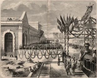 Otwarcie linii kolejowej z Tuluzy do Sete w 1857 r. Rycina w „Le Monde illustrious” z 1857 r. Zbiory prywatne.