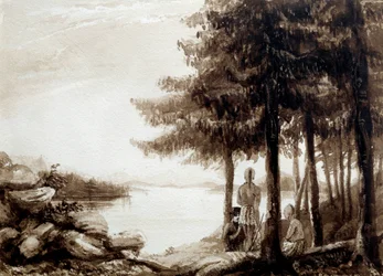 Indianie na brzegu jeziora. Litografia XIX wieku. La Rochelle, Musee Du Nouveau Monde