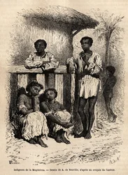 Rdzenni mieszkańcy Magdaleny (rzeki), na ulicach miasta Mompox (Kolumbia). Rycina ilustrująca podróż do Nowej Granady, autorstwa dr Saffray, w 1869, opublikowana w „Le tour du monde”” 1872, pod redakcją Edouarda Chartona, wydanie Hachette,