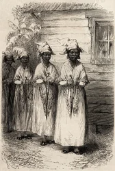 Rdzenni mieszkańcy Gujany na katolickiej procesji Fete Dieu. Rycina ilustrująca podróż w Gujanie Francuskiej w latach 1862-1863 autorstwa Frederica Bouyera, kapitana fregaty, w „Le tour du monde, nouveau journal des voyages”, wydanej pod reż.