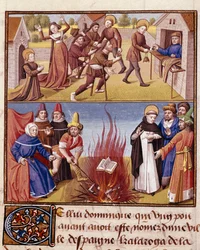 Inkwizycja „” Autodafe przewodniczy św. Dominikowi de Guzmanowi (1170-1221), założycielowi zakonu dominikanów, dowód ognia księgi heretyckiej i księgi prawosławnej” „Miniatura w „” Le miroir historyl”” (Speculum Historiale) ( ks. 1196, k. 372) autorstwa