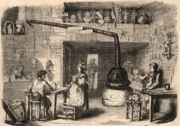 Wewnątrz kabaretu le Lapin Blanc (Królik-Blanc), rue aux feves w Paryżu przed jego rozbiórką. Karczma z czasów pierwszych monarchii. Grawer „Le Monde illustrious” z 1862 r. Ze zbiorów prywatnych.
