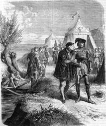 Wywiad między królem Ludwikiem XI a hrabią Charolais (Karolem Temeraire, księciem Burgundii (1433-1477) we wrześniu 1465. Rycina z XIX wieku.