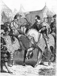 Wywiad z Francois 1st i Henrykiem VIII. Rycina XIX wieku.