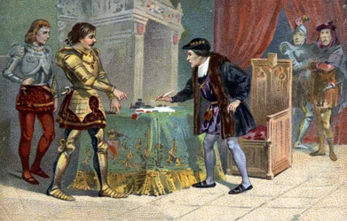 Wywiad z Ludwikiem XI (1423-1483), królem Francji i Karolem Śmiałym, księciem Burgundii, do Peronne w październiku 1468. Chromolitografia Liebiga z XIX wieku