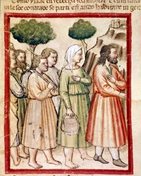 Izaak i jego rodzina cierpiący głód emigrujący na ziemie króla Abimelecha Miniatura z kodeksu 212 (lub kodeksu padovano lub Biblii z Padwy) 1390-1400 Rovigo, Accademia dei Concordi