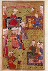 Sztuka Islamu: bankiet w obecności sułtana z muzykami. Miniatura XVI-wiecznego rękopisu Wenecja Biblioteca Marciana
