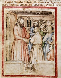 Jakub i jego dwunastu dzieci Miniatura z kodeksu 212 (lub Kodeks Padovano lub Biblia z Padwy) 1390-1400 Rovigo, Accademia dei Concordi