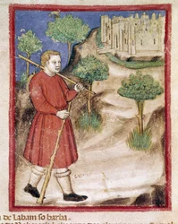 Jakub jedzie do Labanu w Mezopotamii Miniatura z Kodeksu 212 (lub Padovano lub Biblii Padwy) 1390-1400 Rovigo, Accademia dei Concordi