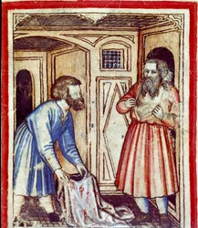 Jakub dowiaduje się o śmierci swojego syna Józefa, sprzedanego przez braci Egipcjanom Miniatura z kodeksu 212 (lub kodeksu padovano lub Biblii z Padwy) 1390-1400 Rovigo, Accademia dei Concordi