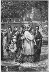 Jacques-Benigne (Jacques Benigne) Bossuet (1627-1704), francuski prałat i pisarz w alei filozofów w Wersalu. Rycina z XIX wieku.