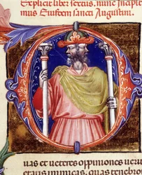 Janus, rzymskie bóstwo, dwie przeciwstawne twarze - z rękopisu „De civitate dei” św. Augustyna, początek XV wieku. Biblia Miejska z Rimini.