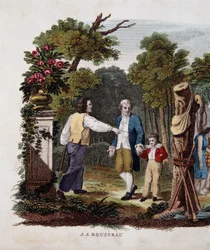 Jean Jacques Rousseau z dzieckiem, przełożony przez chłopa