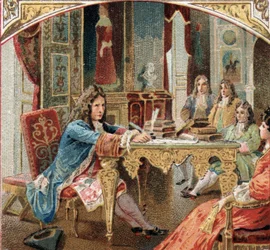 Jean Racine (1639-1699) komponent „Esther” i „Athalie” w zamku Maintenon. Chromolitografia z końca XIX wieku
