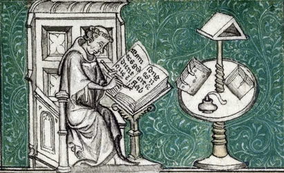 Jean de Meun komponujący Romans o róży, ok. 1380 r. (miniatura)