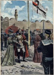 Jerozolima - Wszystkich Świętych 1898: Wilhelm II (1859-1941), cesarz Niemiec i król pruski, obejmuje w posiadanie ziemię „Zaśnięcia” w pobliżu Wieczernika dla swoich katolickich poddanych przed prałatem Luigi Piavi, patriarchą Jerozolimy . Ilustracja w