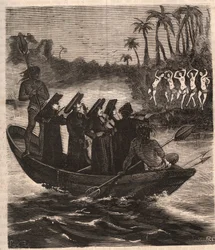 Misjonarze jezuiccy przybywają łodzią wśród Indian Guarani do Paragwaju w 1553 r. - Rycina z 1879 r. w „Historii tajnych, politycznych i religijnych stowarzyszeń” Pierre