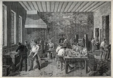 Biżuteria: fabryka biżuterii stalowej. Grawer z 1885 roku w „Les arts et metiers illustres” Adolphe BITARD.