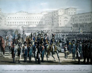 Joachim Murat (1767-1815), mianowany przez Napoleona marszałkiem Francji i królem Neapolu, dokonuje przeglądu wojsk Republiki Cisalpińskiej