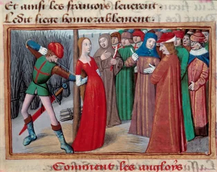 Joanna smyczkowa (1412 -1431), zainstalowana na rzeźniku. Miniatura z rękopisu „”Vigilles du roi Charles VII”” Martial d