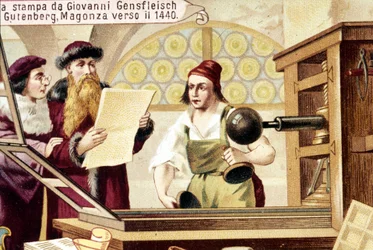 Johannes Gensfleisch Gutenberg (1400-1468). ok. 1440. XIX-wieczna chromolitografia.