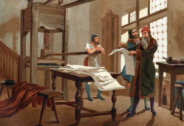 Johannes Gutenberg (1400-1468), niemiecki drukarz, drukujący pierwszy arkusz Biblii. Według Hombres y Mujeres célebres. Barcelona 1877.