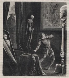 John Châtel (Chastel) (1575-1594), zamknięty przez jezuitów w komnacie medytacji - przed próbą zamachu na króla Francji Henryka IV, 27 grudnia 1594 roku. Rycina z 1879 roku w „Histoire des sociétés secrètes, politiques et religieuses”
