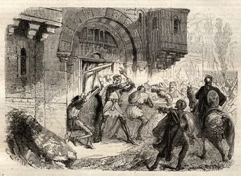 Jan II Komnen, cesarz bizantyjski - Cesarz Jan II Komnen (1087-1143) na czele Greków kierujących drzwiami swojego pałacu w Konstantynopolu - grawerowanie w „Ilustracyjnym popularnym słowniku” - 1864 - Joseph Decembre i Edmond Allonier -