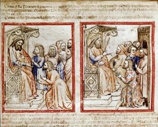 Józef i jego bracia zwracają się do faraona, bracia odchodzą po sprzedaży Józefa jako miniaturowego niewolnika z kodeksu 212 (lub kodeksu padovano lub Biblii z Padwy) 1390-1400 Rovigo, Accademia dei Concordi