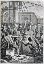 Podróż Samuela Wallisa (1728-1795) do Polinezji: autochtoniczne etony przy lustrze - ilustracja zaczerpnięta z „Wielkich Marynarzy XVIII wieku”