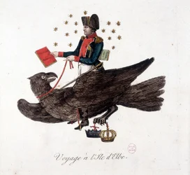 Podróż na wyspę Elba: Napoleon na orle, trzymający księgi poboru do wojska i masowego podnoszenia żołnierzy – w „”Napoleon 1, karykatury, kolekcja manekinów””, ok. 1930 r. 1814