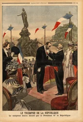 Rzeźbiarz Jules Dalou (1838-1902), odznaczony Legią Honorową przez Prezydenta Republiki Emila Loubeta (1838-1929) z okazji inauguracji pomnika „Triumf republiki” na Place de la Naród w Paryżu. Grawerowanie w „”