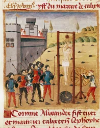 Król Aleksander Wielki (356-323 p.n.e.) uczestniczy w egzekucji szlachetnego Calixtena Cephobe przez powieszenie””” Miniatura zaczerpnięta z „”Księgi faktów Aleksandra Wielkiego”” Kwintusa Curtiusa Rufusa (I w.) (ms 1335, fol. 167 v